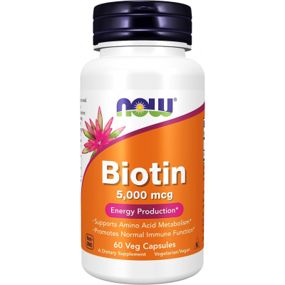 NOW BIOTIN 5000 MCG SUPPORTS ENERGY PRODUCTION , HEALTHY IMMUNE SYSTEM , HAIR , SKIN & NAILS  60 VEG CAPSULES